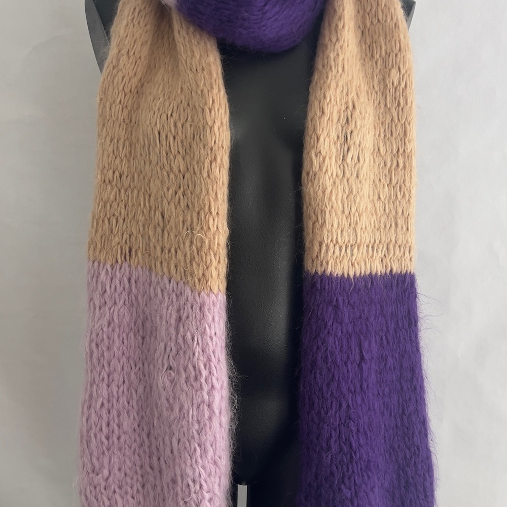 Color blocked mohair wool Cozy Knit Scarf in Purple and Tan